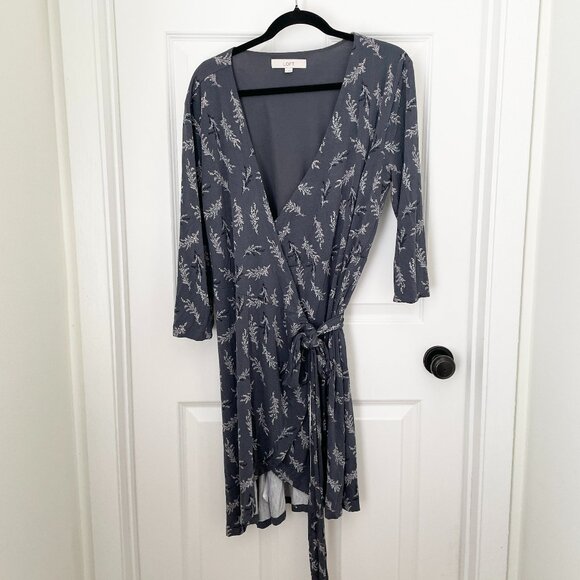 Women Loft Wrap Stretch V Neck 3/4 Sleeve Wrap Mini Dress Dark Blue Size Large - Picture 1 of 7